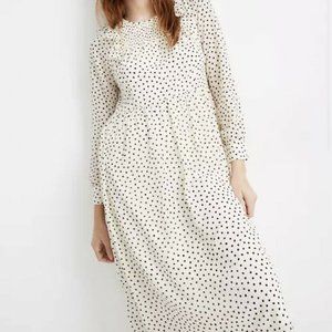 NWT Madewell Smocked Ruffle Midi Dress Ivory Polka